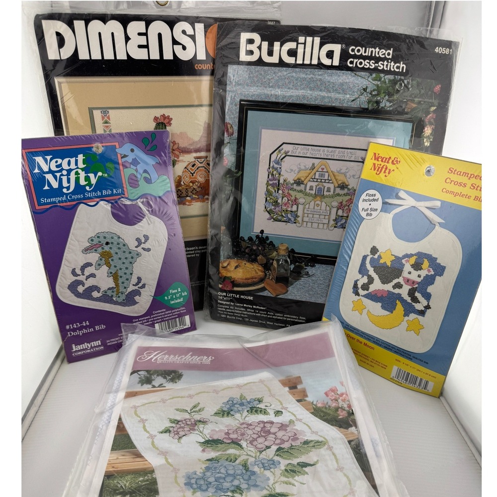 Vintage Cross Stitch Kit Lot Dimensions Bucilla Janlynn Herrschners Bibs Quilt